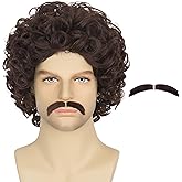 Yan Dream 80s Men's Short Curly Brown Funny Wig with Fake Mustache for Cosplay Halloween Costume