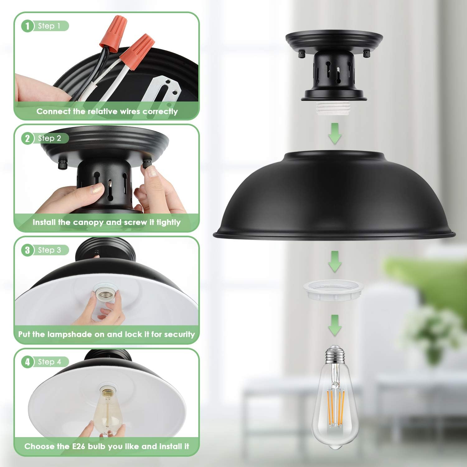 Farmhouse Semi Flush Mount Ceiling Light Fixture, E26 Medium Base, Industrial Black Pendant Lamp Shade, Great Close to Ceiling Lighting for Kitchen Island Corridor Porch Bedroom Foyer Hallway Entryway - - 
