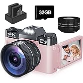 4K 56MP Digital Camera for Photography,Vlogging Camera for YouTube with Autofocus,3" 180° Flip Screen,16X Digital Zoom with 32GB TF Card and 2 Batteries(Pink