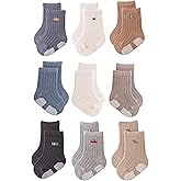 J Poqobog Baby Crew Socks,Grips Combed Cotton Socks Toddler Non-Skid for Girls,Boys Non Slip/Anti Skid 9-Pack
