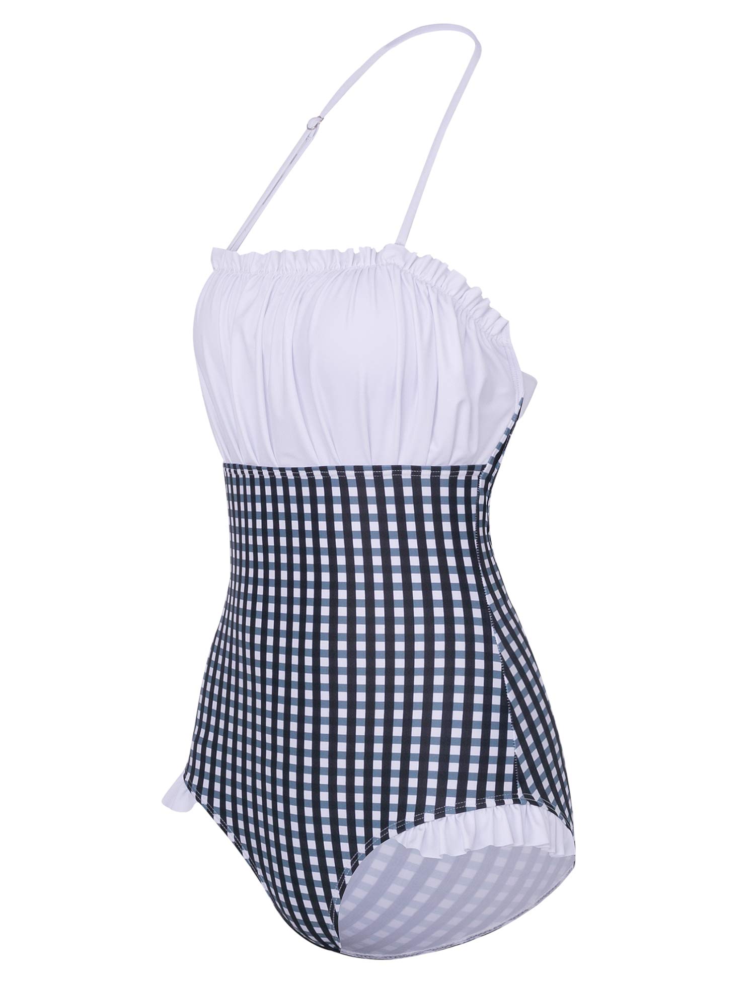 Verano Playa Women Retro Bandeau One Piece Swimsuit Push Up Ruched Monokini Ruffled Spaghetti Strap Halter Bathing Suit Black