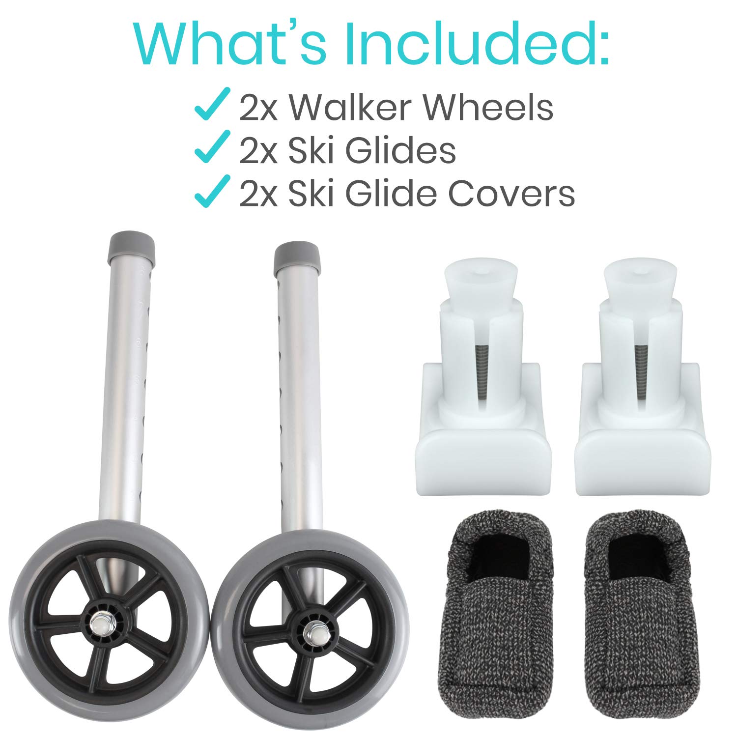 Vive Walker Wheels, Ski Glides, Accessories Covers for Seniors (6 PCS), Replacement Feet Parts Ball Set for Folding Medical Roller Safety- Front, Back Stability 5