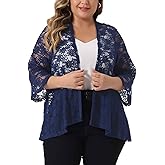 Agnes Orinda Plus Size Lace Cardigans for Women Open Front 3/4 Bell Sleeve Sheer Lace Crochet Formal Bolero Shrugs