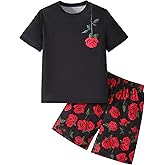 RoseSeek Boy's 2 Piece Outfits Floral Print Short Sleeve Crewneck T Shirt and Shorts Set Summer Outfits