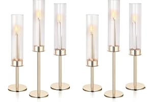 Ronasip Tall Hurricane Glass Candlestick Holders for Taper Candles Table Centerpiece Decor Wedding Christmas Home Celebration(6, Gold)