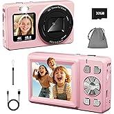 Digital Camera, 4K 48MP Autofocus Dual Screen for Selfies, 18X Zoom Fill Light, Portable Point and Shoot Travel Camera with 32GB SD Card for Kids, Teens, Girls, Boys- Pink
