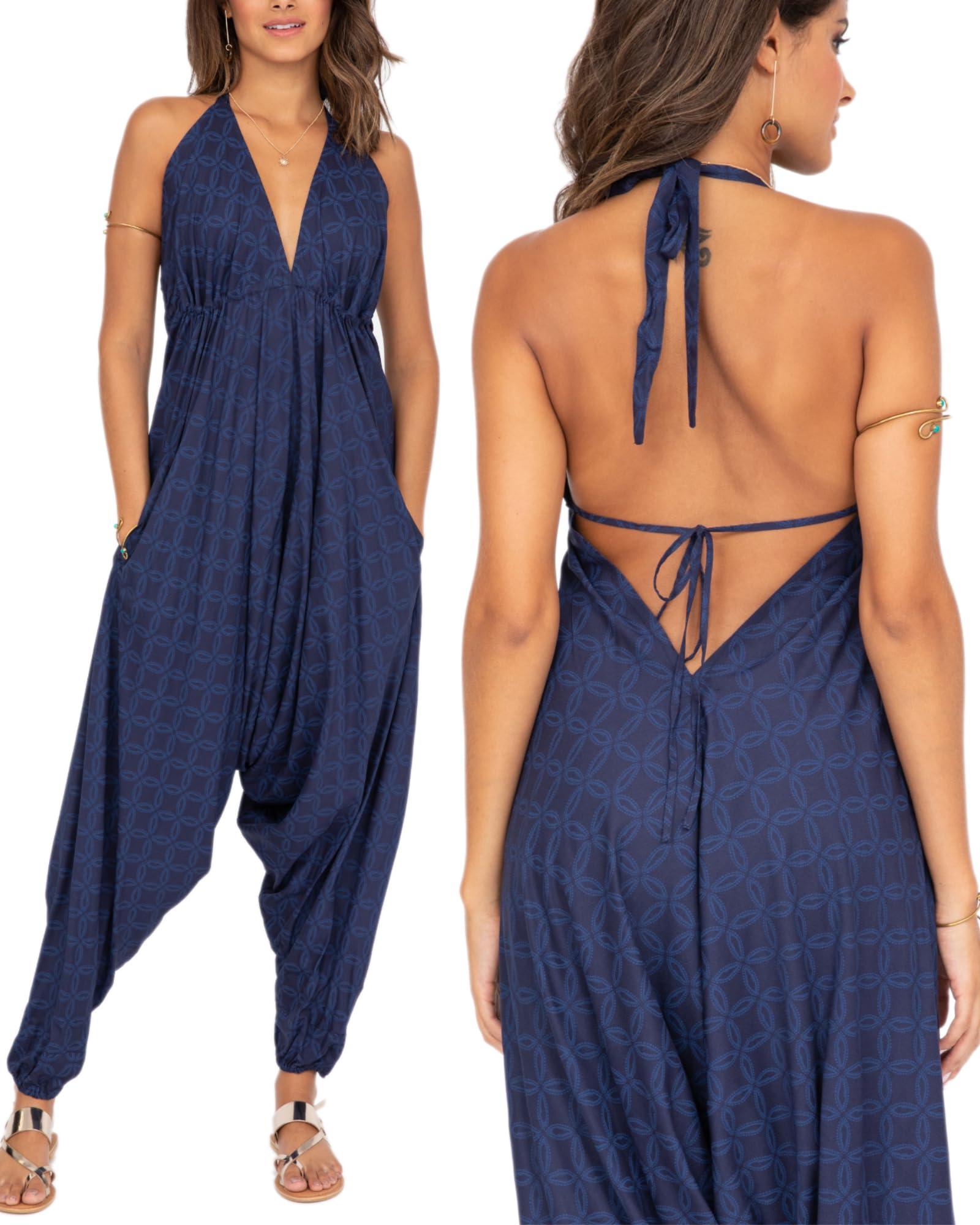 likemary Jumpsuits for Women UK - Harem Jumpsuit All in One - Halter Neck Genie Romper with Pockets - Sexy & Comfy One Piece Ideal for Holidays Discs Print