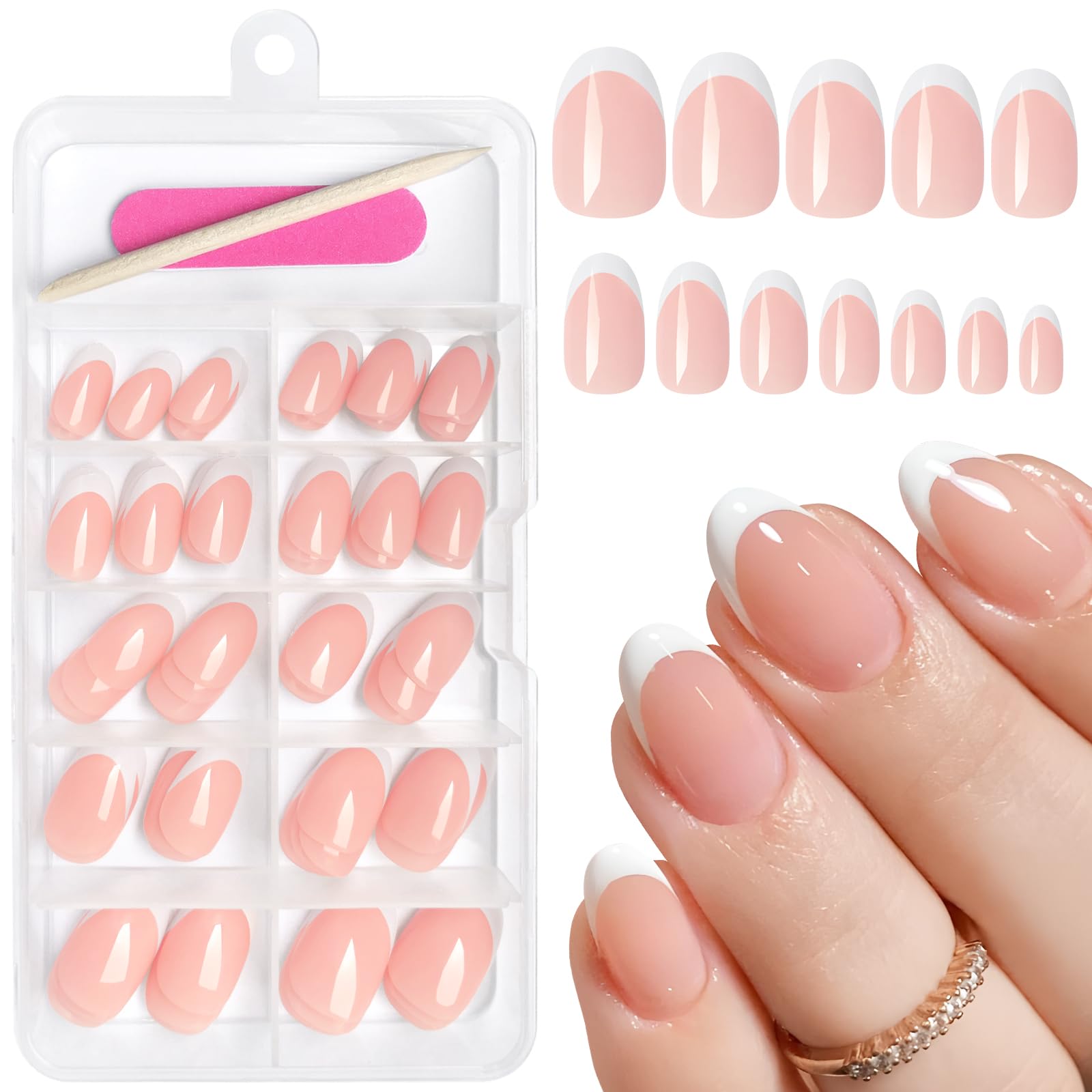 AddFavor French Tip Press on Nails Short Oval Fake Nails, 120pcs White French Tips Nails Press on Medium Almond False Acrylic Nails for Women and Girls