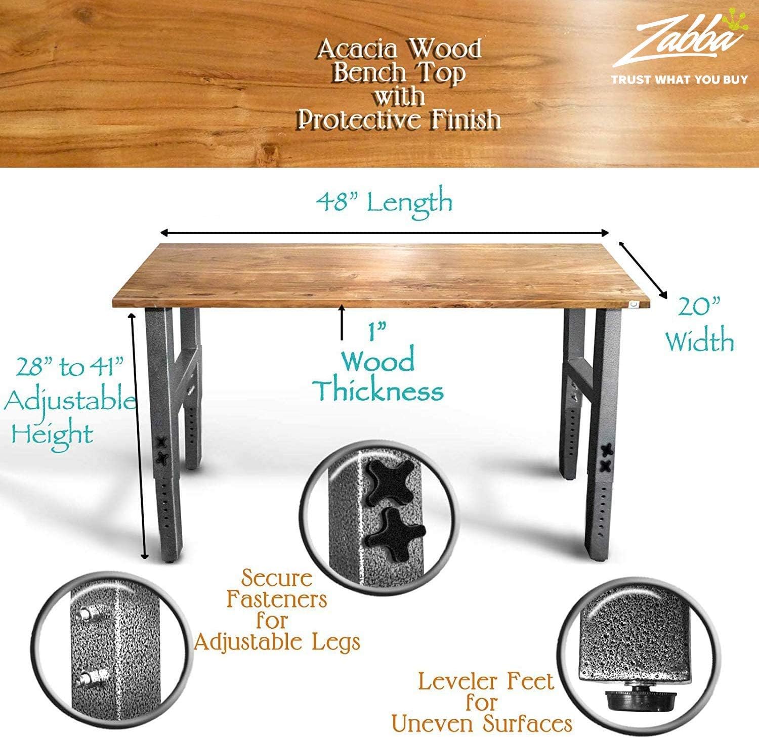Mobile Garage Workbench w/Casters | 48" Acacia Hardwood Top | Adjustable Height Legs | Great Office Workshop Tool Bench - - 