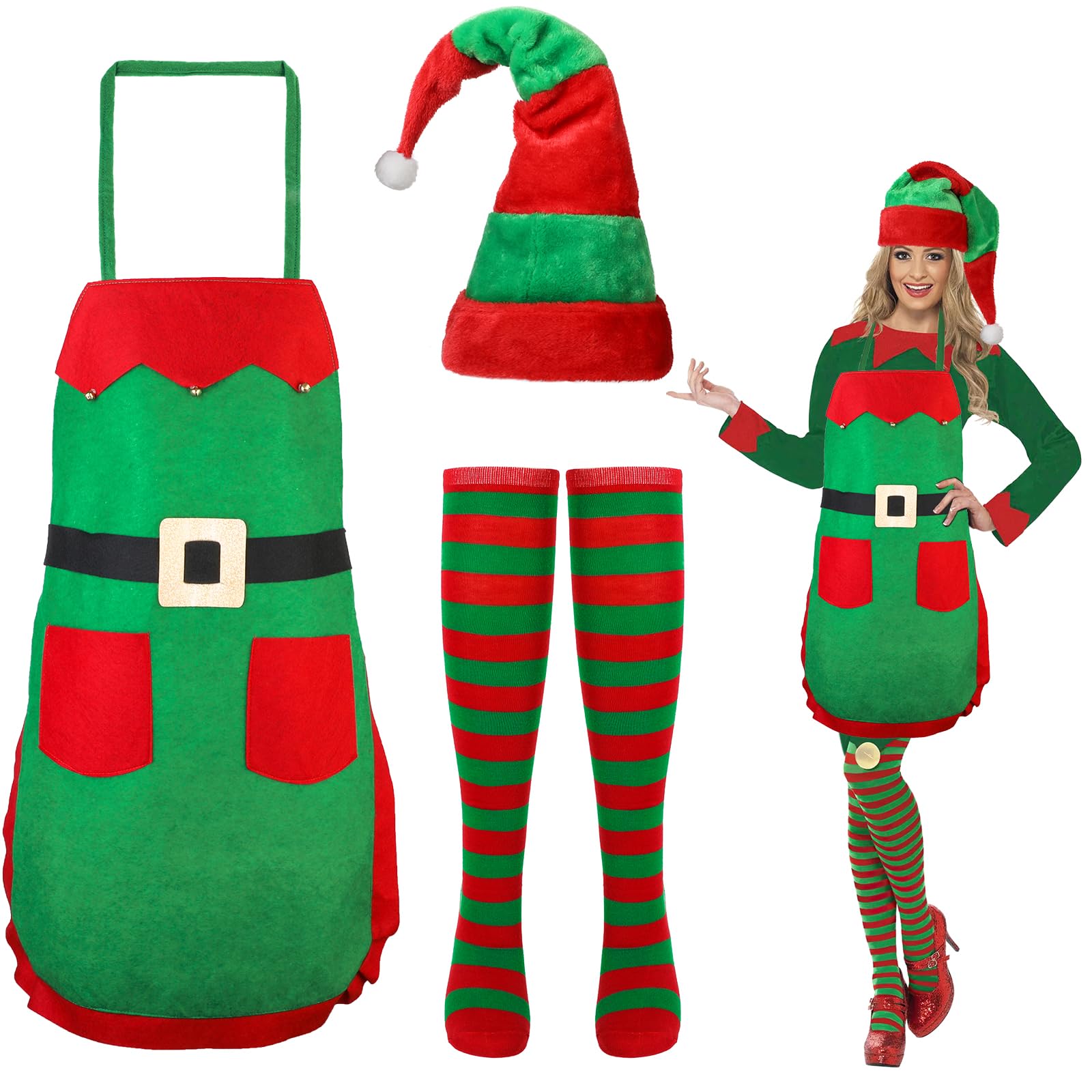 Hifot Elf Costume for Women Men,Felt Elf Apron Elf Hat and Striped Socks Christmas Outfit Accessories Set Xmas Fancy Dress for Party Role Play