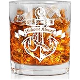 WTOGQ Welcome Aboard Nautical Whiskey Glass, Boat Decor, Boat Anchor Captain Gift Old Fashioned Rocks Glasses, Coastal Beach Seaside House Sailboat Marine Whiskey Gifts for Boat Captain Owners, 10 Oz
