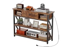Mexin Console Table with Outlets and USB Ports, Entryway Table with Drawer Storage Shelves, Industrial Wood Hallway Sofa Table for Living Room, Couch, Foyer, Kitchen Counter, 39 Inch, Vintage Brown