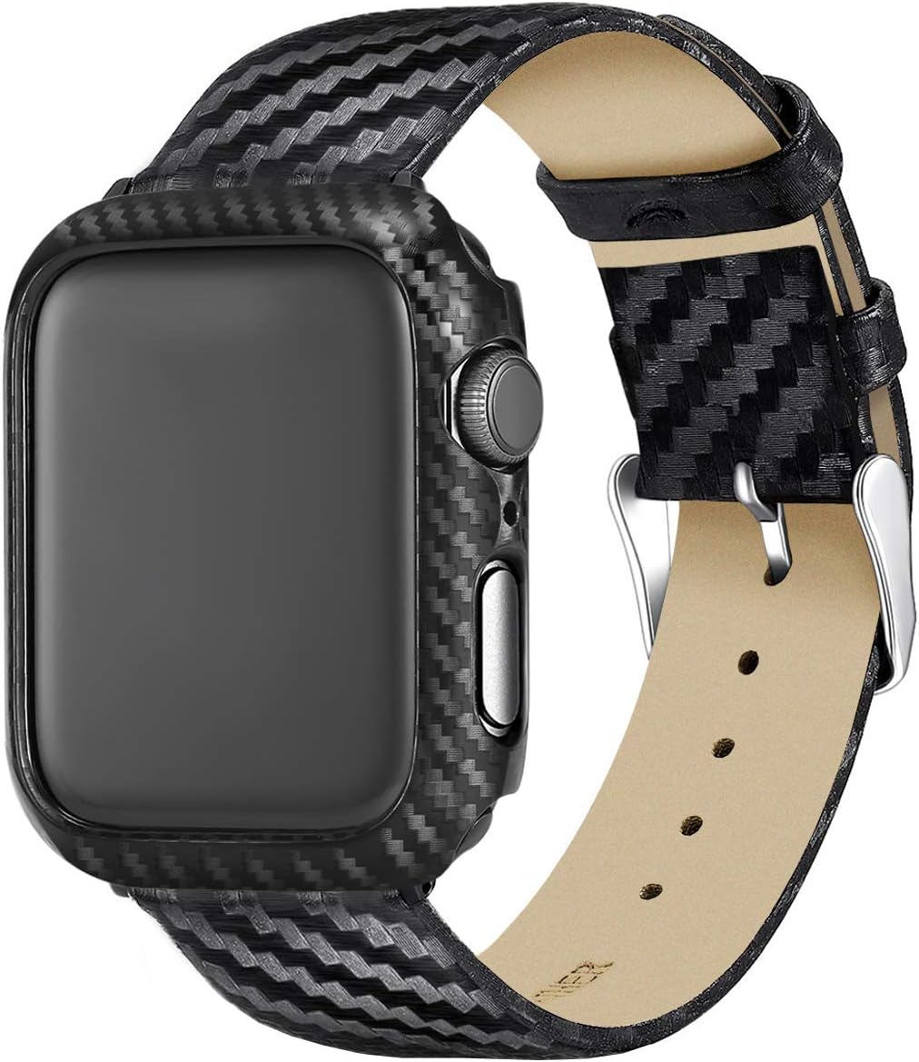 Carbon Fiber Leather Apple Watch 44mm Band with High-Gloss,Twill Weave Finish,Ultra Thin Apple Watch Protective Case(PC) Compatible Apple Watch Series 4 Series 5
