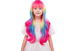 WAVELNM Kids Rainbow Wigs with Bangs Child Long Wavy Curly Wig Colorful Wigs for Girls Kids Multi-color Synthetic Wig for Daily Halloween Cosplay Use