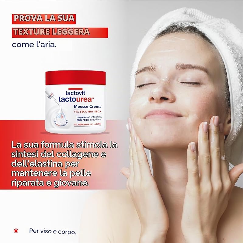 - Mousse Crème Idratante Lactourea per Corpo e Viso 24 ore Durata, per pelli secche e molto secche - 400 ml