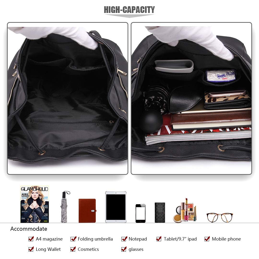 Miss Lulu Backpack Womens Fashion Backpacks Black Backpack Ladies PU Leather Waterproof Daypack Medium School Work Travel