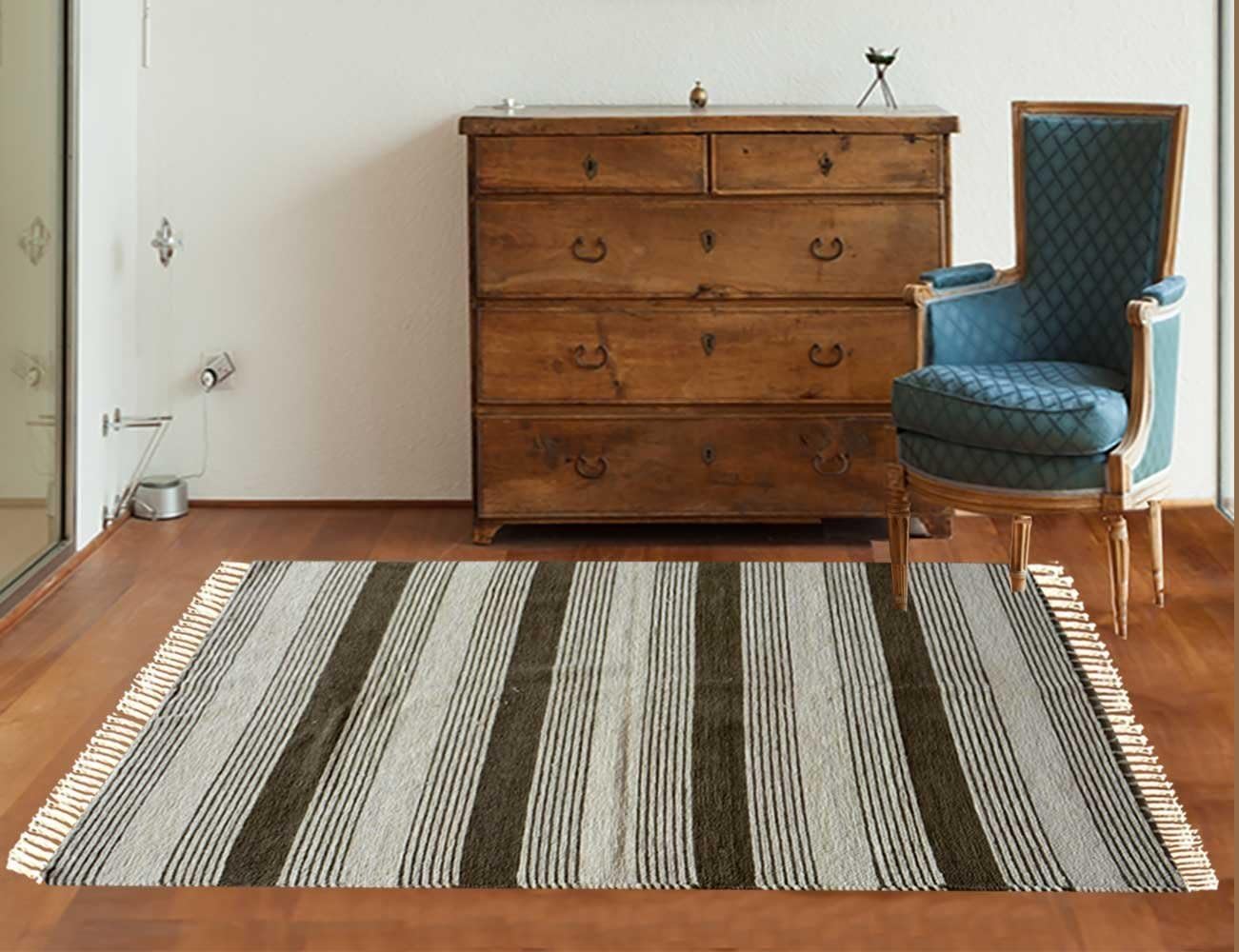 Avioni Handloom Cotton Durries/Cotton Carpet in Black Multicolor- 92 cm X 152 cm (3X5 Feet)