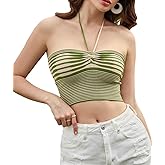 SweatyRocks Women's Striped Tie Backless Halter Top Sleeveless Knitted Crop Cami Tank