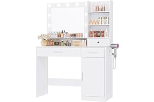 DUMOS Vanity Desk Makeup with Mirror LED Lights, White Table with Power Outlet 2 Drawer, 4 Storage Shelves Cabinet & 3 Lighting Mode Adjustable Brightness, Dressing Tables for Bedroom