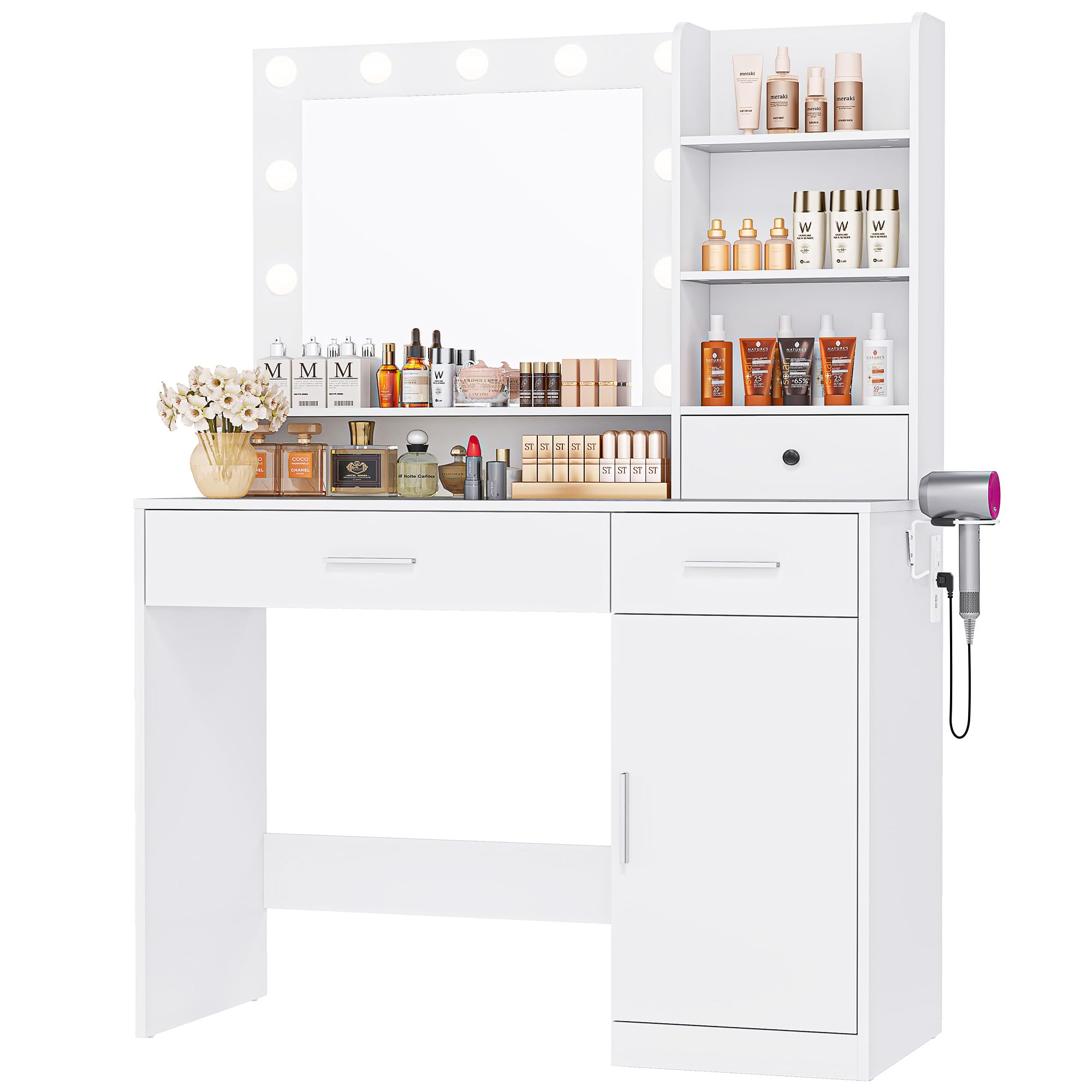 Photo 1 of Sweetcrispy White Vanity Desk with Lighted Mirror & Power Outlet, Makeup Vanity with 3 Drawers, 4 Shelves, Cabinet & Hair Dryer Holder for Bedroom Girls
