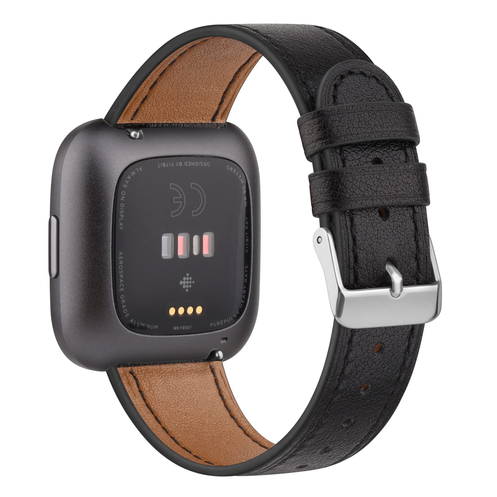 AK Leather Strap Compatible with Fitbit Versa 2/Versa/Versa Lite for Women Men - Classic Replacement Band (Black)