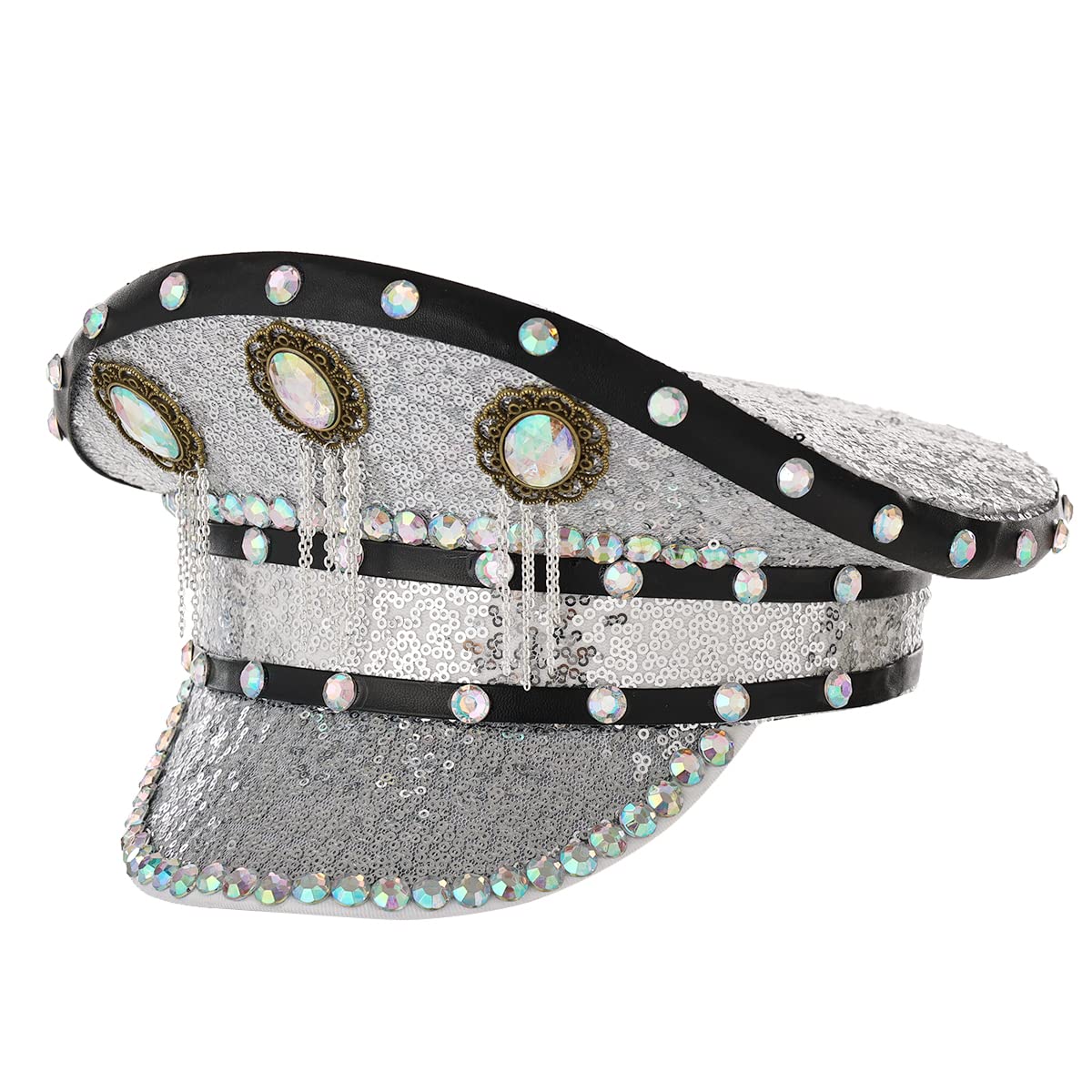 BPURB Women Men Steampunk Rave Captain Style Rhinestone Sequin Top Hat for Festival Carnival Halloween Cosplay