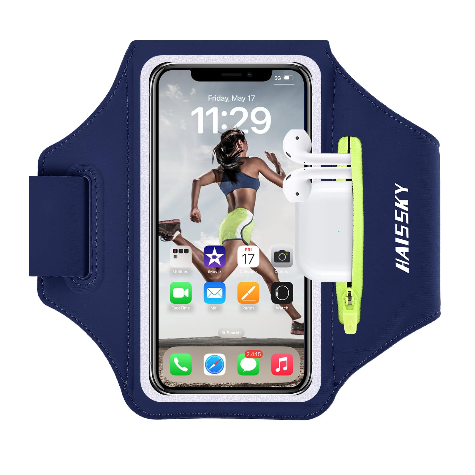 Running Armband Phone Holder for Running with Airpods Zipper Pocket Cell Phone Armband Holder Sweatproof Sports Gym Armband Case Fits iPhone 17/16/15/14/13/12/11Pro Max with Touchscreen up to 6.9"