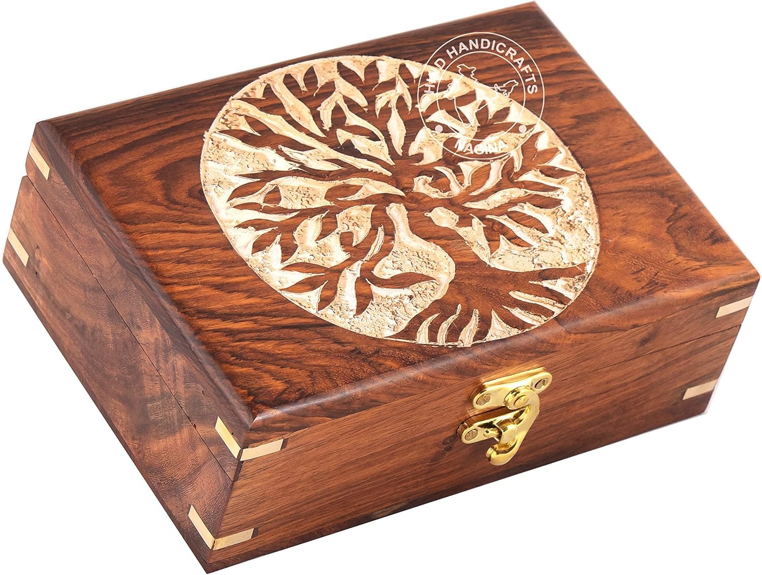 Rosewood Jewellery Box – Handmade Tree of Life Wooden Keepsake & Trinket Box, Handcarved Storage Organiser Gift for Women & Men, Decorative Home Décor Chest (7" x 5" x 2.5", Tree - 2 White)