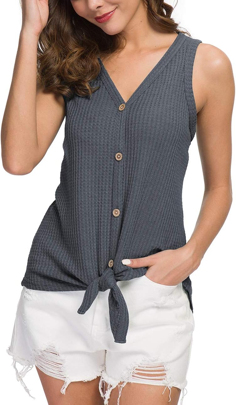IWOLLENCE Womens Waffle Knit Tunic Blouse Tie Knot Henley Tops Loose Fitting Plain Shirts at  Women’s Clothing store