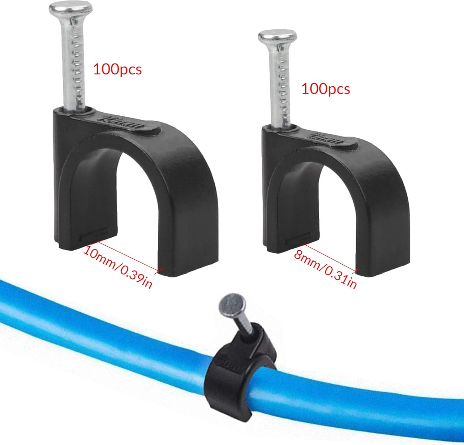 200Pcs Round Cable Clips Assortment, 8mm 10mm Electrical Cable Wall Clip, Black Wire Clips Cable