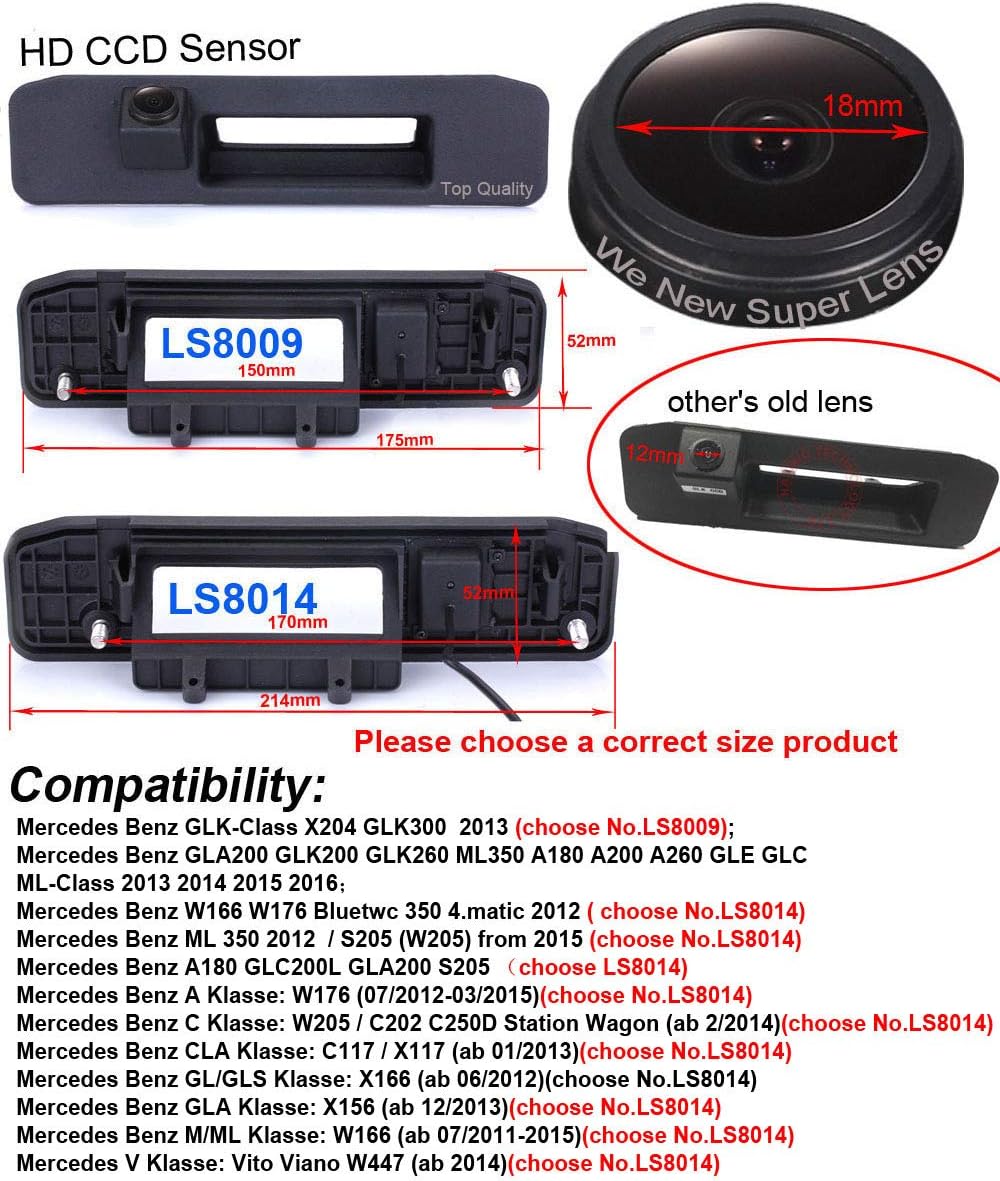 Reversing Camera Integrated in Trunk Handle Rear View Backup Camera Replacement for Mercedes GLK-Class X204 GLK300 GLA200 GLK200 GLK260 ML350 A180 A200 A260 W166 W176 X166 (No.LS8014 Size=214 * 52mm) - Image 4