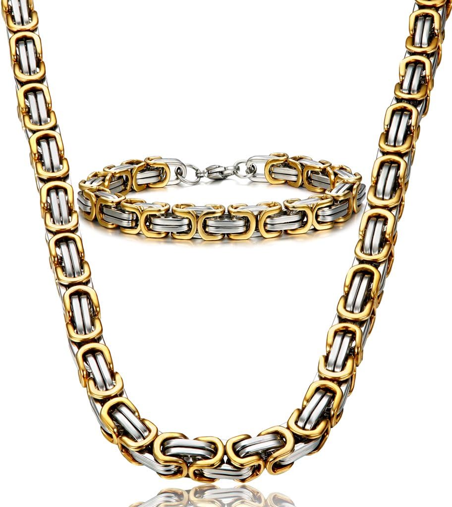 Jstyle Stainless Steel Male Chain Necklace Byzantine Bracelet for Men Jewelry Sets 8.5 Inch Bracelet