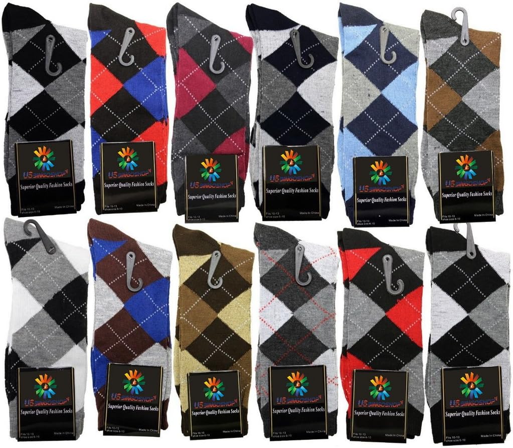 USBingoshop Mens Cotton Argyle Striped Solid Ribbed Black Crew Dress Socks Pack