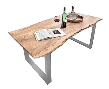 SAM Baumkantentisch 180x90 cm Quarto, Esszimmertisch aus Akazie, Holz-Tisch mit Silber lackierten Beinen