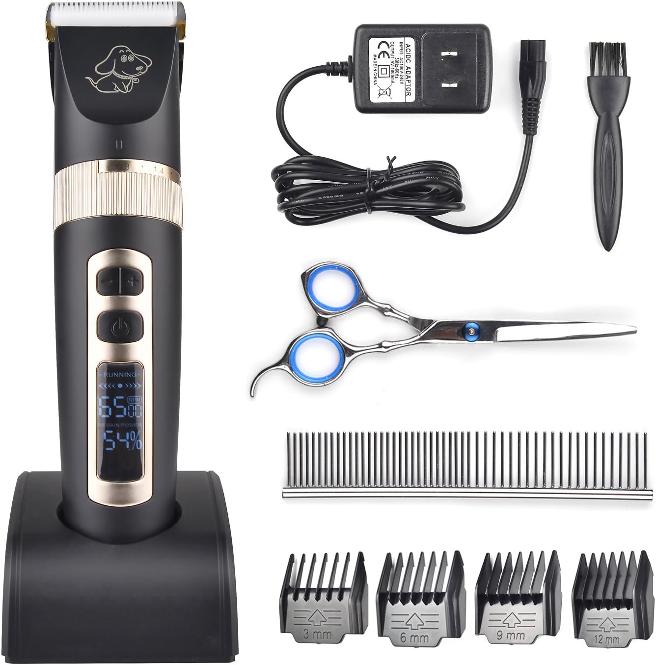 FIFIGOES Pet Grooming Clippers,Rechargeable & Cordless 3-Speed Dog Grooming Kit With LED Screen Indication & Complete Set of Dog Grooming Tools for Thick Coats Dogs Cats Other Animals (Black)