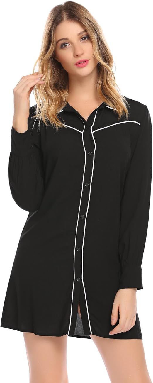 ADOME Women Long Sleeve Nightshirt Front Button Nighties Mini Sleepwear