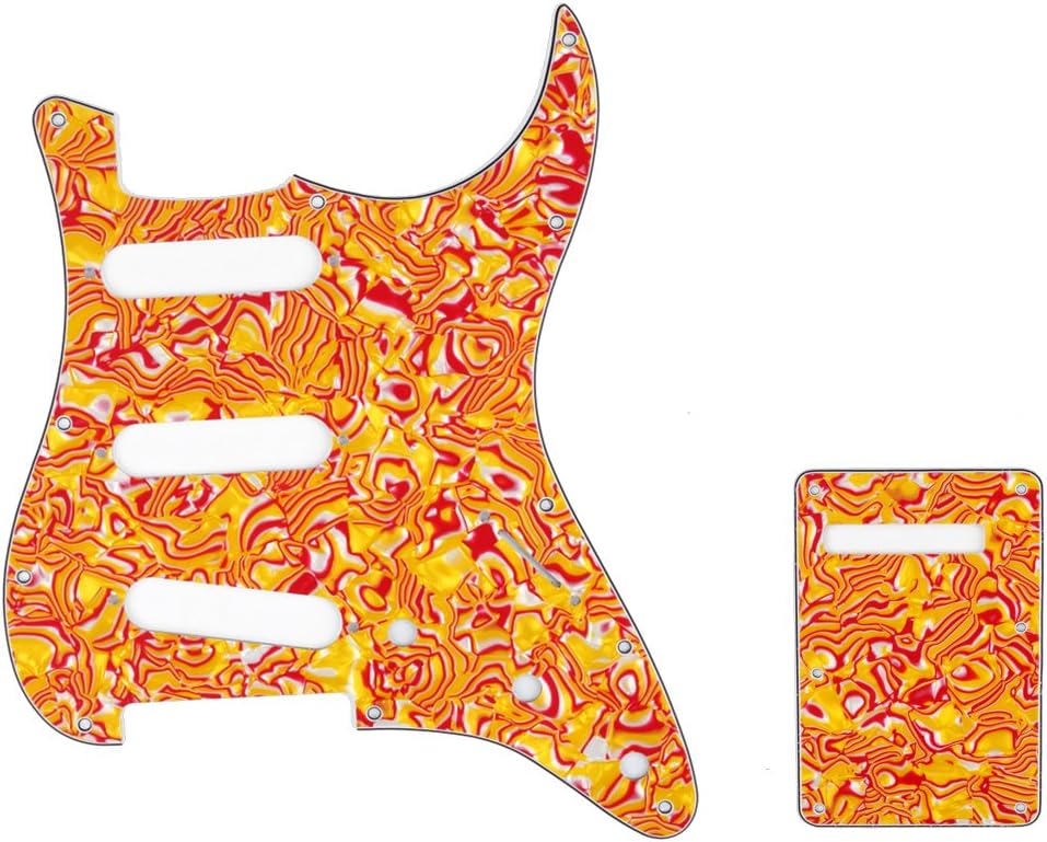 Musiclily SSS 11 Holes Strat Electric Guitar Pickguard and BackPlate Set for Fender US/Mexico Made Standard Stratocaster Modern Style Guitar Parts,4Ply Shell Red Yellow