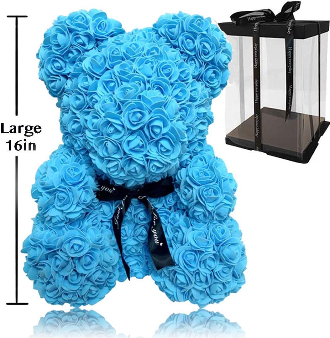 WAIST SHAPERZ FleurAmore Rose Flower Bear - 16 Inches Tall - Over 500+ Flowers on Every Rose Bear - Perfect for Anniversary's, Birthdays, Bridal Showers, Mothers Day, Etc. - Clear Gift Box Included!