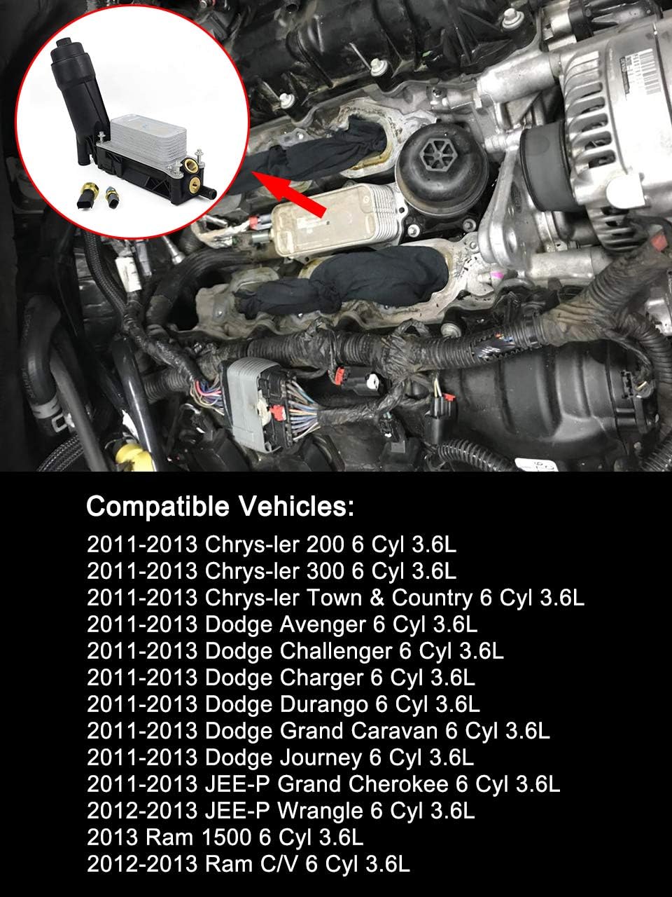 5184294AE Oil Cooler Filter Adapter Housing Assembly Compatible with Ch rysler 200 300 Dodge Journey Avenger Charger Wrangler Grand Cheroke 3.6L V6 2011-2013 with Oil Pressure & Oil Temperture Sensor: Automotive