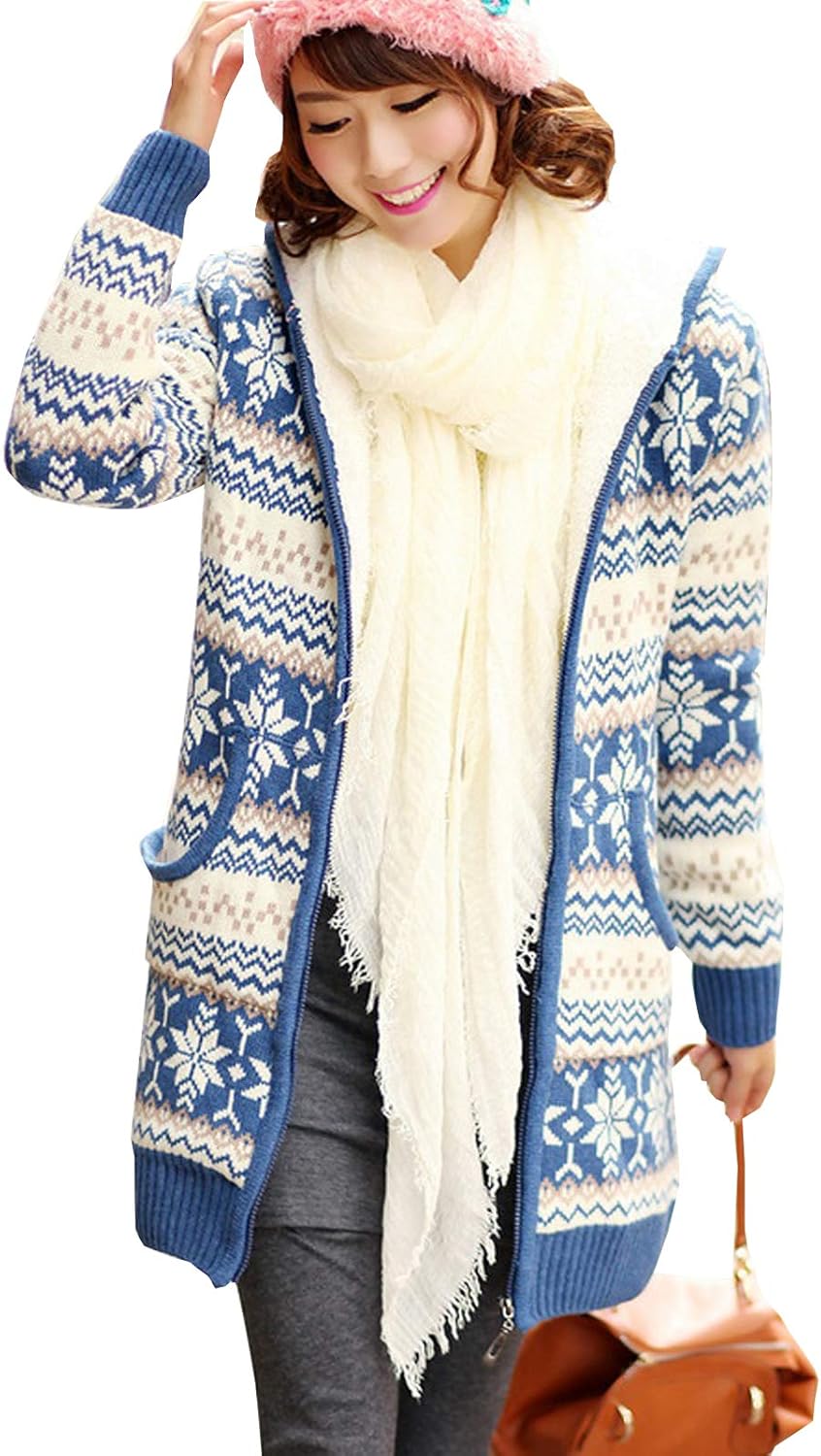 Flygo Womens Casual Sherpa Fleece Lined Hooded Knit Cardigan Ugly