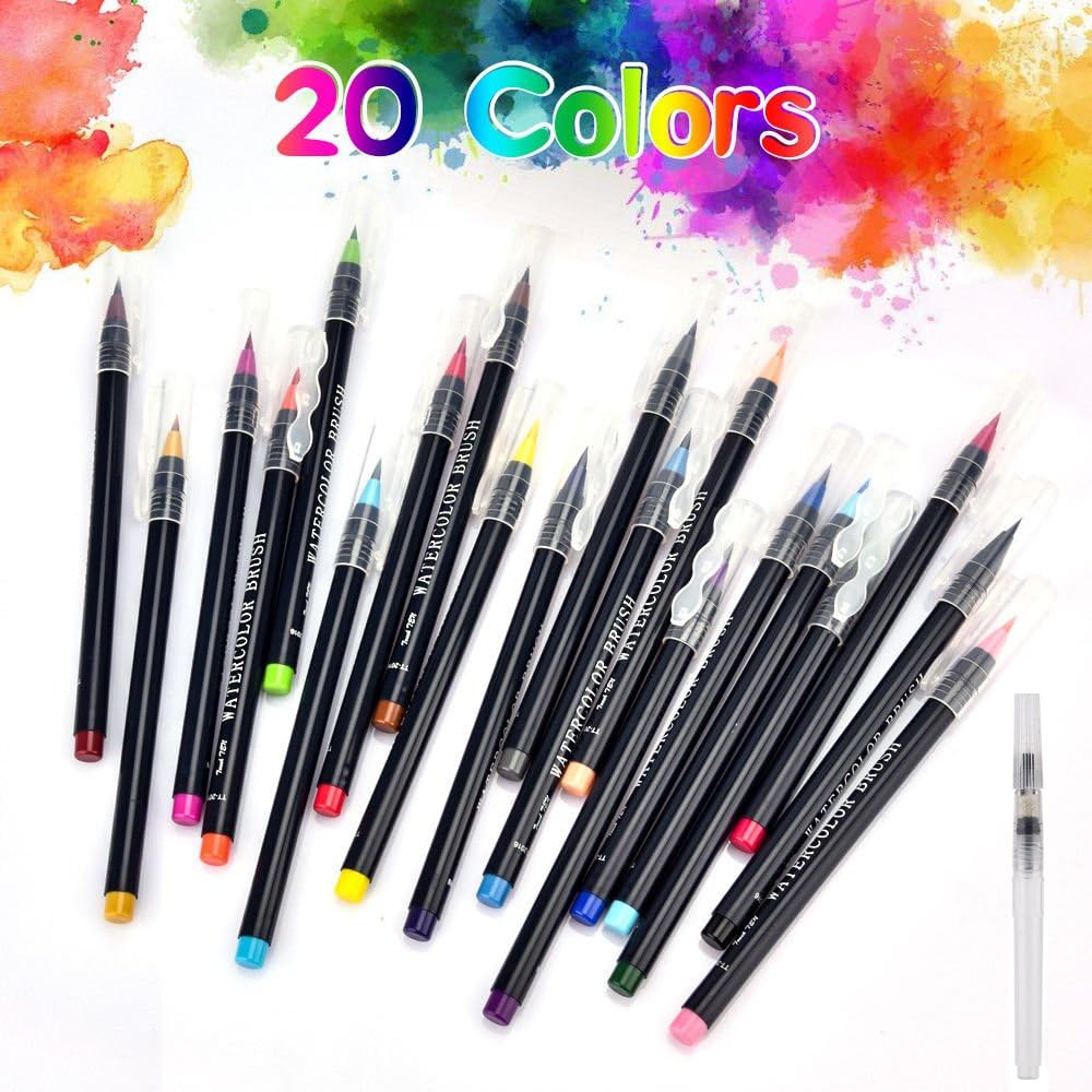 WOWENWO Watercolor Brush Pen 20 Colors Soft Flexible Real Brush Tip Water Coloring Brush Marker Pens Set for Watercolor Painting, Calligraphy, Adult Coloring Books, Manga, Comic (20 Colors)