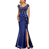 Miusol Women's Vintage V-Neck Slim Style Ruffle Split Evening Formal Maxi Dress