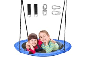 Hishine 43" Saucer Tree Swing for Kids Waterproof Flying 360° Rotate Swing with Swivel, Hanging Straps, Adjustable Ropes, Round Mat Spinner Swing for Tree Swing Set (Blue Swing)
