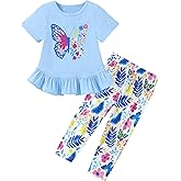 CARETOO Toddler Girl Clothes 2pcs Girl Spring Summer Outfit Ruffle Hem Short Sleeve Top and Floral Capri Pant 2-7 Years