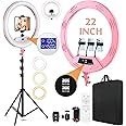 22"Ring Light with Stand,Ring Light Tripod for iPhone ipad,with 75"Tripod/LCD Display/4 ipad iPhone Clips/2 USB Ports,2600K-6500K Color Temperature,for Barber Makeup Tattoo TikTok Video Recording Vlog