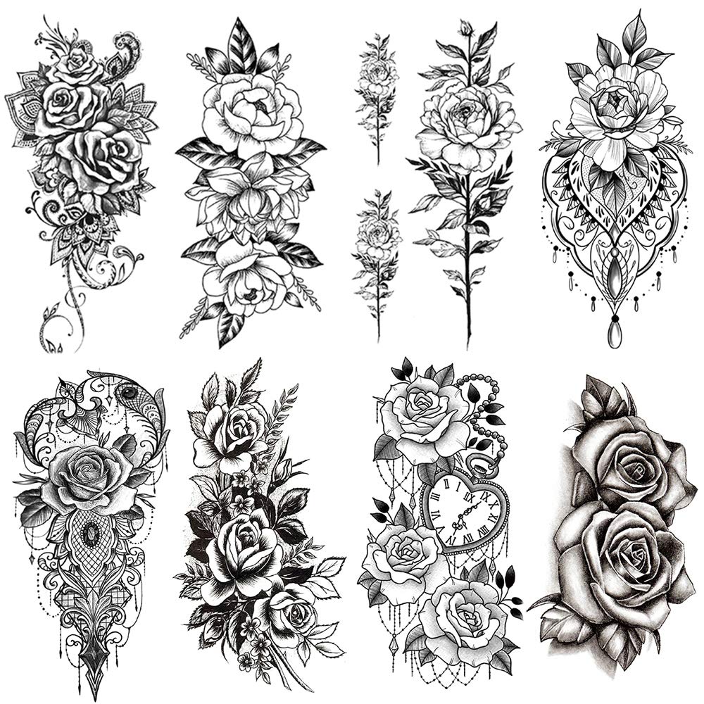 Yesallwas Sexy Rose Flower Temporary Tattoos For Women Girls Waterproof Black Large Fake Tattoo Stickers 3D Blossom Lady Shoulder Tattoos DIY Legs Sexy Arm Chains