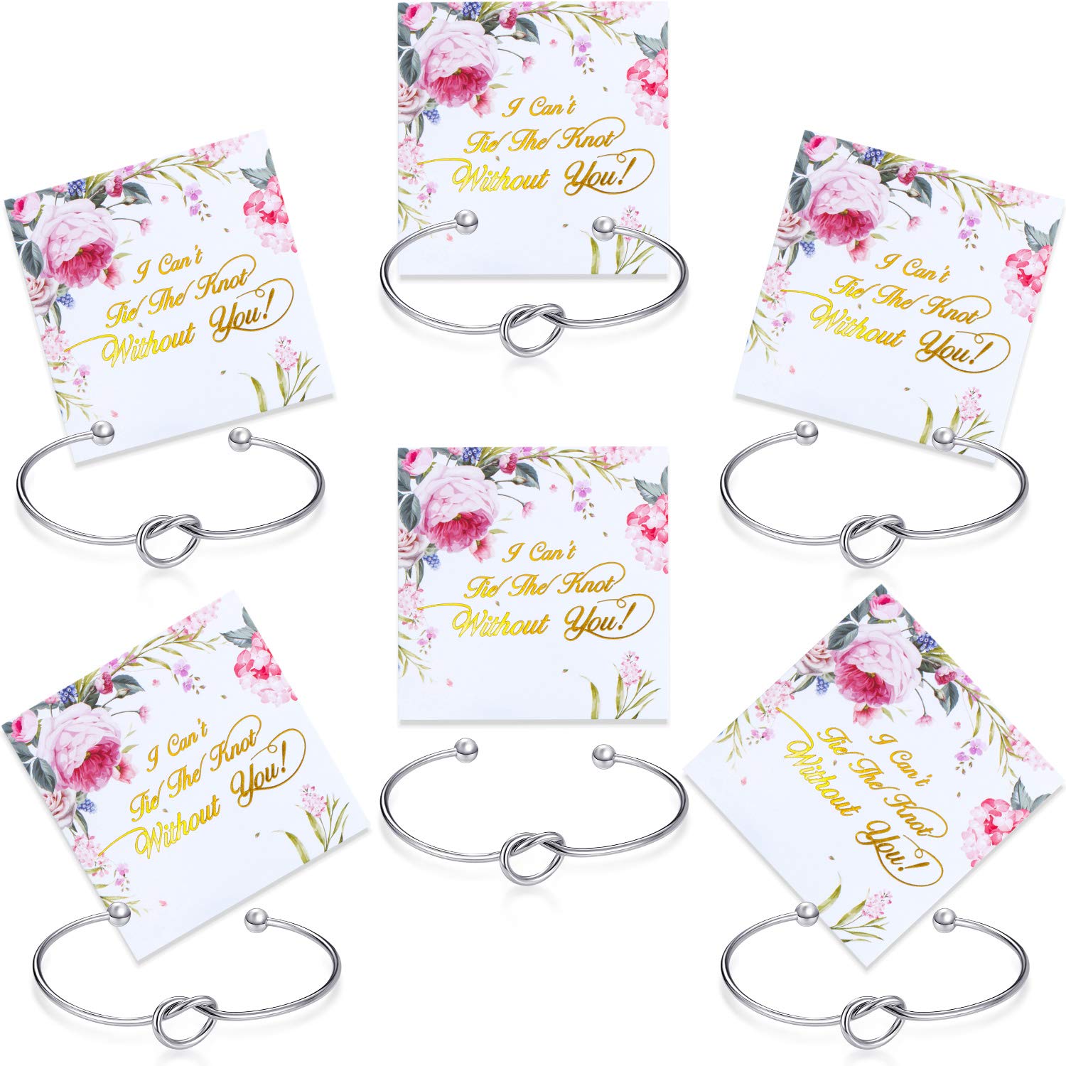 6 Pieces Bridesmaid Bracelet Knot Cuff Bangle with I Can't Tie The Knot Without You Bridesmaid Cards (Gold)