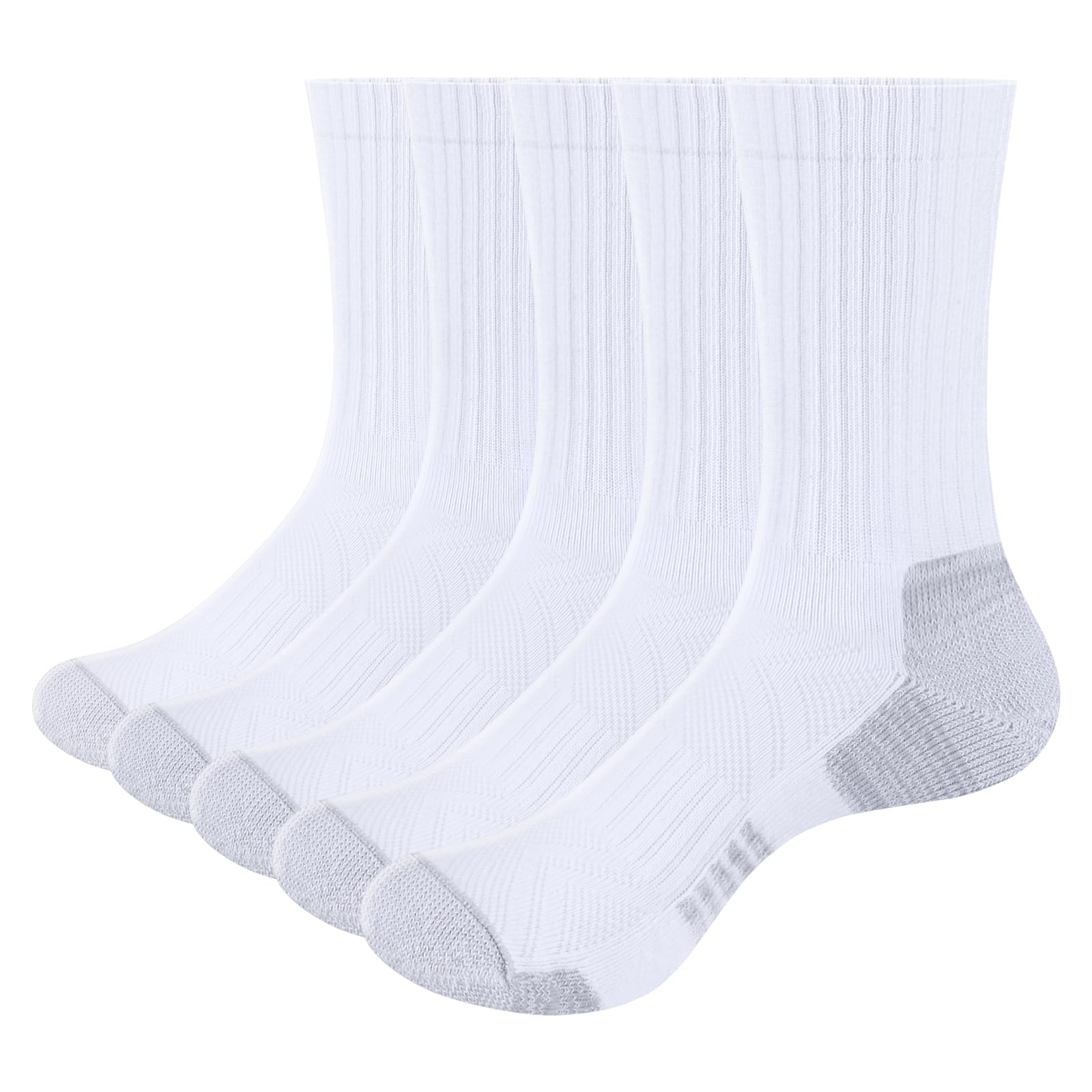 YUEDGE Mens Moisture Wicking Cushioned Crew Socks Anti-Blister Training Athletic Sports Socks Padded Work Sock Mid Calf White Cotton Men Sock For Men Size 6-10, Multipack, 5 Pairs