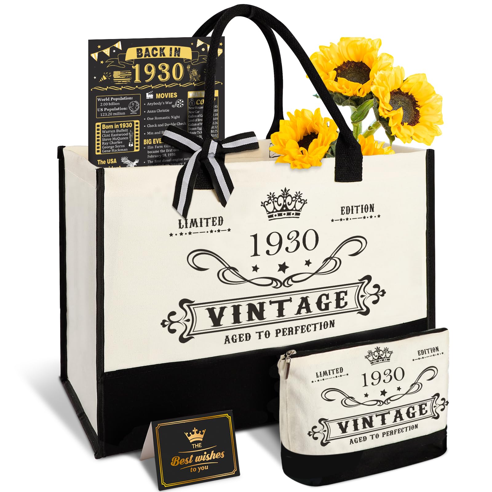Photo 1 of 95th Birthday Gifts for Women Canvas Tote Bag Travel Gear, Unique 95 Years Old Birthday Gifts for Mom Wife Aunt Friends Her, Vintage 1930 Handbag & Cosmetic Bag & Back in 1930 Poster