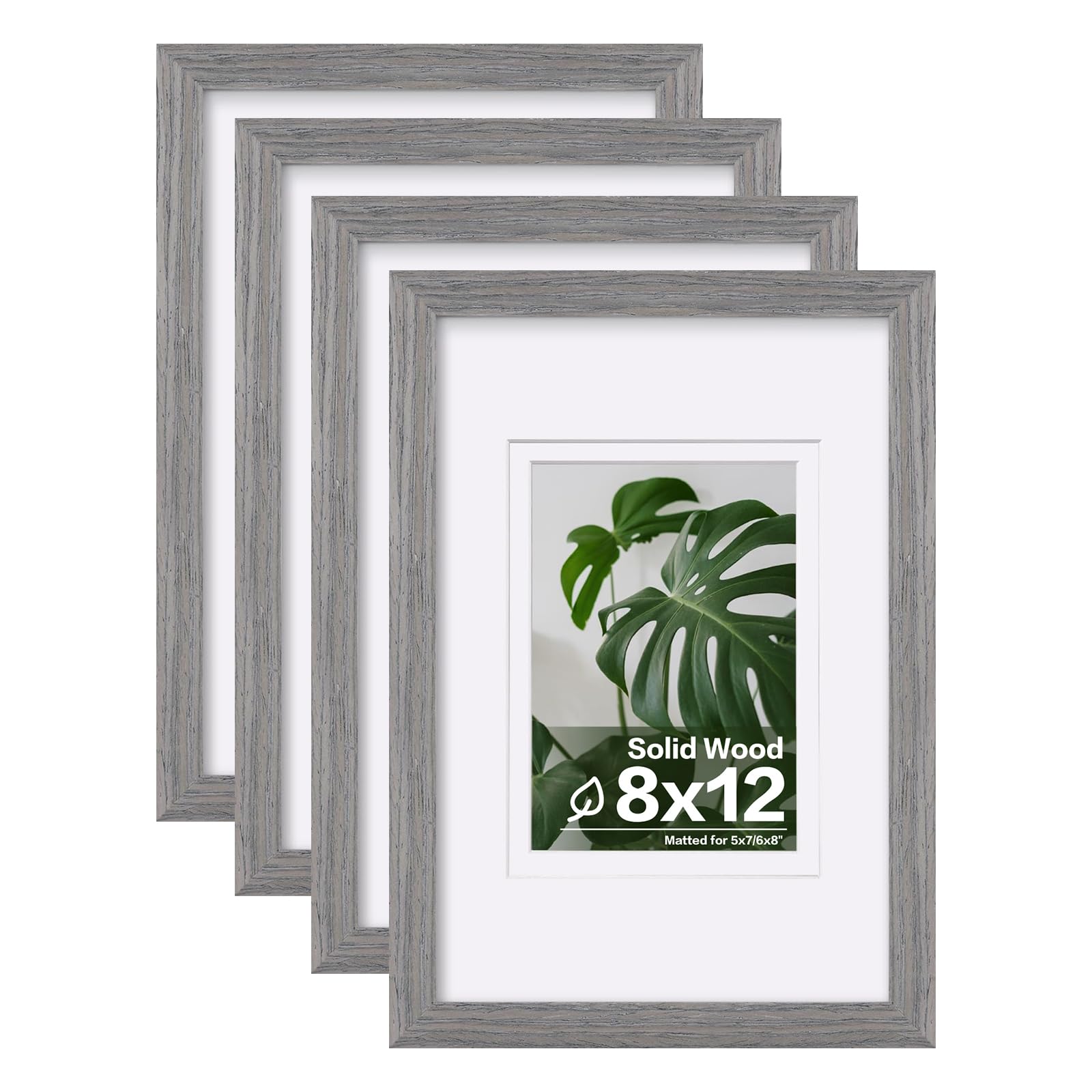 Egofine 8x12 Picture Frames Set of 4, Made of Solid Wood Covered by Plexiglass 5x7 and 6x8 with Mat or 8x12 without Mat, for Table Top Display and Wall Mounting Photo Frame Light Grey Image